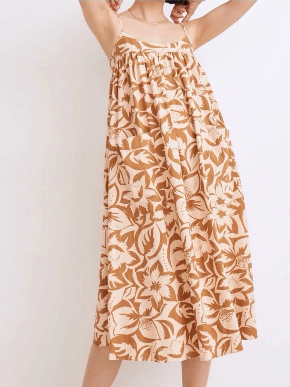 Madewell women Linen blend cami midi dress patch pockets tropifloral